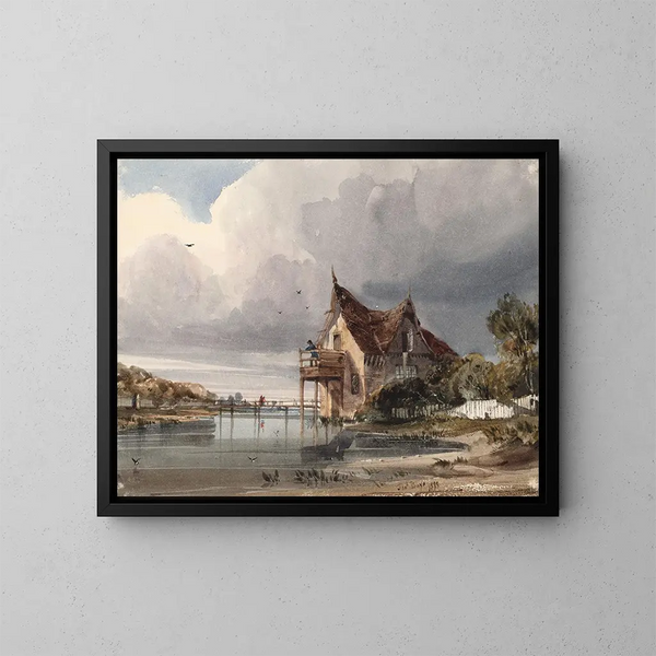 Eine Flusslandschaft und ein Häuschen mit einer weißen Palisade - Thomas Shotter Boys — gerahmtes Bild an der Wand