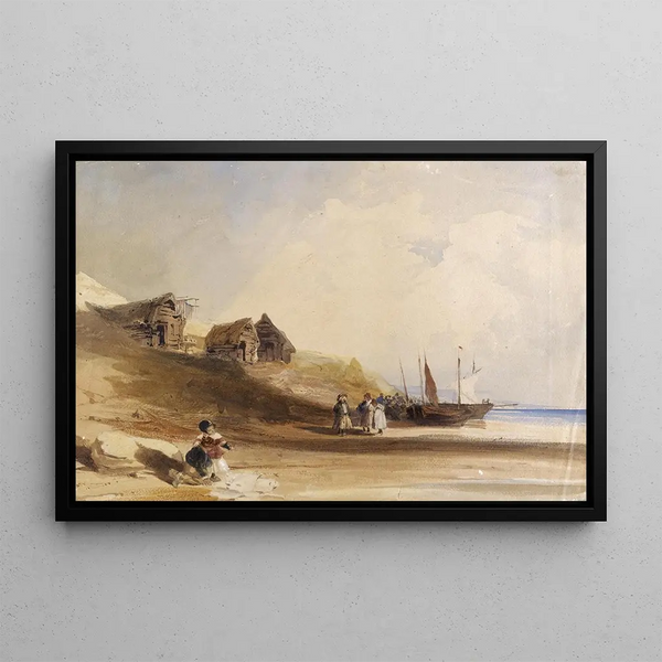 Szenen an der französischen Küste mit Figuren, Booten und Fischerhütten - Thomas Shotter Boys — gerahmtes Bild an der Wand