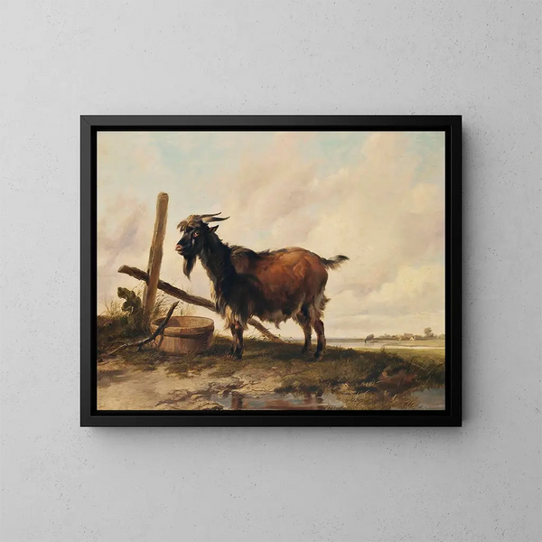 Eine Ziege in einer Landschaft mit Vieh in der Ferne - Thomas Sidney Cooper — gerahmtes Bild an der Wand