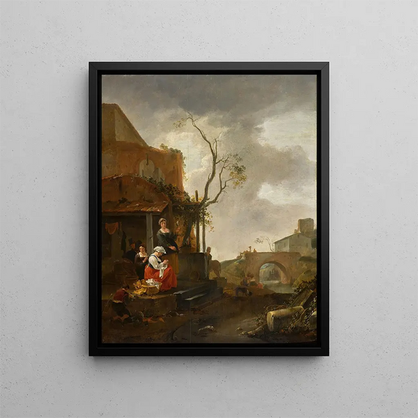 Thomas Wijck - Figures outside a tavern with a woman sewing travellers on a bridge beyond.webp