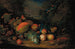 eines aufgeschnittenen Melons, Pfirsiche, Pflaumen, Trauben, Äpfel und Johannisbeeren mit einem Papagei und einem Stiegl, eine bergige Landschaft im Hintergrund - Tobias Stranover — Ansicht des Kunstwerks