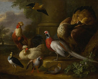 Tobias Stranover - Peacock pheasant chickens partridges and a lapwing in a landscape.webp