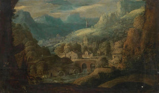 Tobias Verhaecht - A mountainous river landscape with water mills and a village beyond.webp