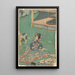 Frau im blauen Kimono mit Schattierungen und aufwändiger Stickerei von rosa Pfingstrosen - Toyokuni Utagawa — gerahmtes Bild an der Wand
