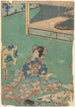Frau im blauen Kimono mit Schattierungen und aufwändiger Stickerei von rosa Pfingstrosen - Toyokuni Utagawa — Ansicht des Kunstwerks