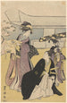 Frauen in Lavendel-Kimonos, Mann in Schwarz mit Fächer und Schwertern - Toyokuni Utagawa — Ansicht des Kunstwerks