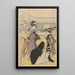 Frauen in Lavendel-Kimonos, Mann in Schwarz mit Fächer und Schwertern - Toyokuni Utagawa — gerahmtes Bild an der Wand
