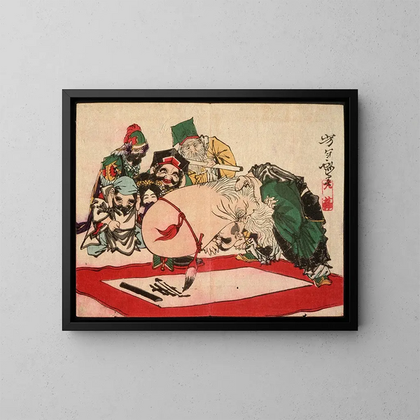 Fukurokuju mit seinem Kopf schreibend - Tsukioka Yoshitoshi — gerahmtes Bild an der Wand