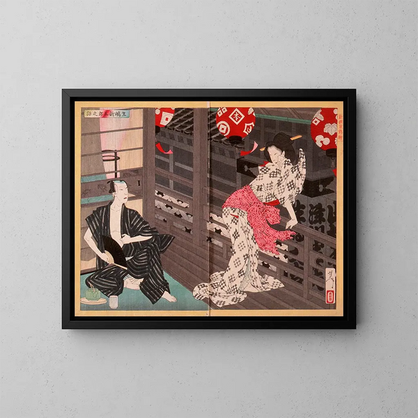 Dame Ejima und der Schauspieler Ikushima Shingor - Tsukioka Yoshitoshi — gerahmtes Bild an der Wand