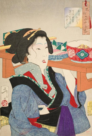 Tsukioka Yoshitoshi - Looking Weighed Down The Manner of a Waitress at Fukagawa in the Tenp Era.webp