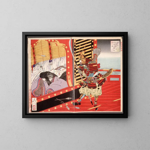 Minamoto no Yoshitsune beim Retten von Kenrei Monin während der Schlacht von Dannoura - Tsukioka Yoshitoshi — gerahmtes Bild an der Wand