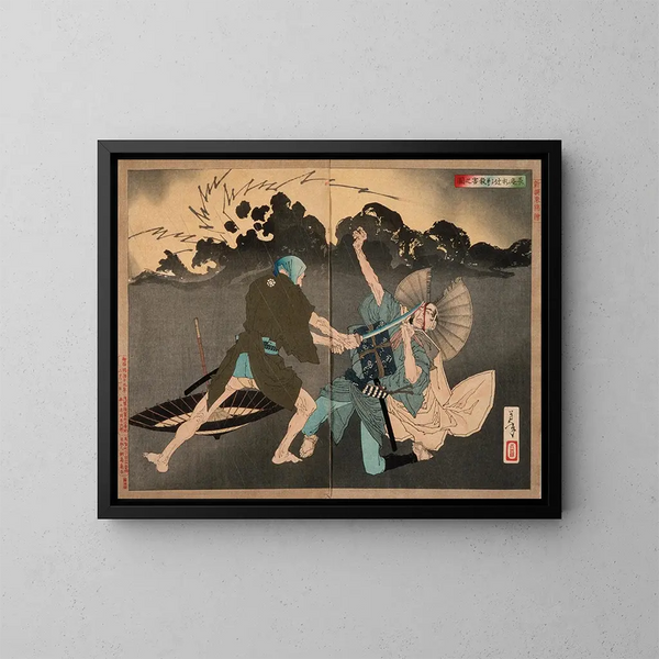 Murai Chan tötend seinen jüngeren Bruder an der Kreuzung - Tsukioka Yoshitoshi — gerahmtes Bild an der Wand