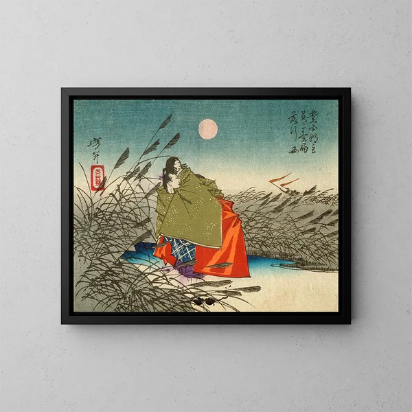 Narihira und Nij no Tsubone am Flussufer des Fuji - Tsukioka Yoshitoshi — gerahmtes Bild an der Wand