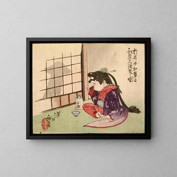 Okame lachend im Schatten eines Pilzes - Tsukioka Yoshitoshi — gerahmtes Bild an der Wand