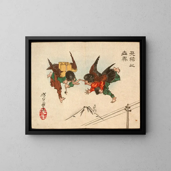Messagers Tengu se heurtant en plein vol - Tsukioka Yoshitoshi — gerahmtes Bild an der Wand