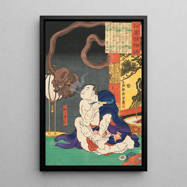 Tsukioka Yoshitoshi - The Wrestler Onogawa Kisabur Blowing Smoke at a OneEyed Monster.webp