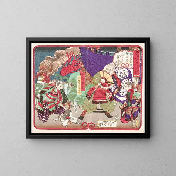 Tokugawa Ieyasu, der den Kopf von Kimura Shigenari in der Schlacht am Osaka Castle untersucht - Tsukioka Yoshitoshi — gerahmtes Bild an der Wand
