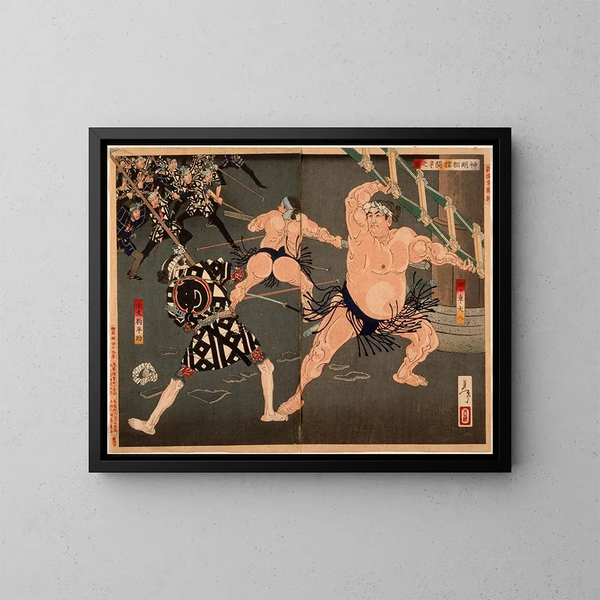 Duell zwischen Yotsuguruma Daihachi und Kotengu Heisuke während der Schlacht der Kämpfer und Feuerwehrleute im Shinmei-Schrein - Tsukioka Yoshitoshi — gerahmtes Bild an der Wand