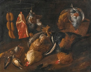 Stillleben mit Wild und Fleisch, die an einer Stange hängen, mit anderen Vögeln in einem Korb und auf dem Boden - Schule der Toskana — Ansicht des Kunstwerks