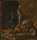 Ein Schädelmaske, eine Dolchskulptur und ein Buch auf einem Tisch im Atelier eines Künstlers, Öl auf Kupfer - Französische Schule — Ansicht des Kunstwerks