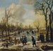 Ein Winterlandschaft mit Dorfbewohnern, die Schlittschuh laufen und Kolf auf einem gefrorenen Kanal spielen, ein Dorf in der Ferne - Aert van der Neer — Ansicht des Kunstwerks