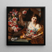 Eine junge Frau, die eine Blume aus einer Vase nimmt - Abraham Brueghel — gerahmtes Bild an der Wand