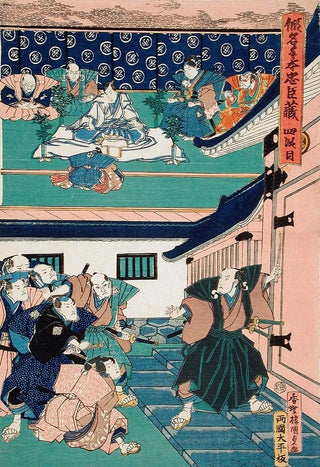 Utagawa Kunisada Toyokuni III - Act IV Enya Asking for Yuranosuke before Committing Suicide Yuranosuke Shows the Sword Used for Suicide to Enyas Retainers.webp