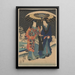 Schneeszene, Frau in Blau, Mann in Rot und Blau unter einem schwarz-weißen Regenschirm - Utagawa Kunisada Toyokuni III — gerahmtes Bild an der Wand