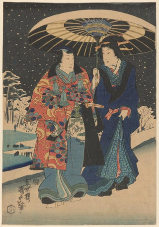 Utagawa Kunisada Toyokuni III - Snow Scene Woman in Blue Man in Red and Blue Under Black and White Umbrella.webp