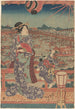 Frau und Kind im violetten Kimono, das über Booten und einer Brücke schwebt - Utagawa Kunisada Toyokuni III — Ansicht des Kunstwerks