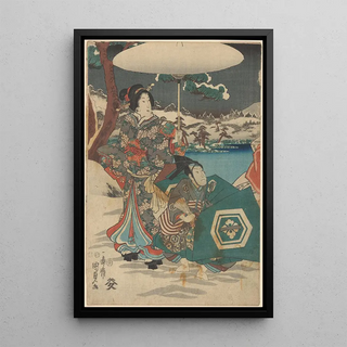 Utagawa Kunisada Toyokuni III - Woman and Male Servant in Snow Woman holding white umbrella.webp