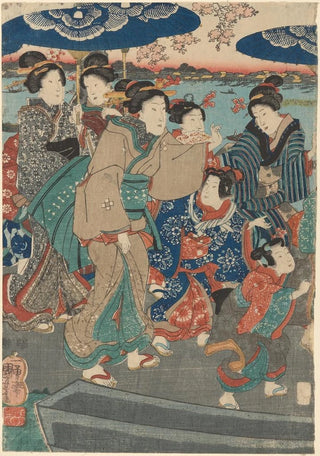 Utagawa Kuniyoshi - Seven Female Figures Two Umbrellas river in background.webp