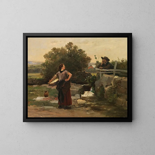 Frau beim Waschen und Junge, der am Bach diskutiert - Václav Brožík — gerahmtes Bild an der Wand