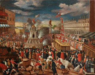 Das Karnevals-Festival mit den Forze d'Hercule an der Piazetta in Venedig - Venezianische Schule — Ansicht des Kunstwerks