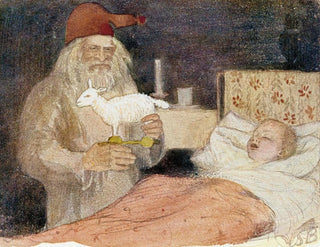 Der Weihnachtsmann bringt ein Geschenk in der Nähe der Wiege des Kindes - Venny Soldan-Brofeldt — Ansicht des Kunstwerks