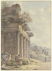 Caprice architektonisch Ruinen einer Tempel-Fassade mit Gebäudelandscape und Bogen im Hintergrund - Victor Jean Nicolle — Ansicht des Kunstwerks