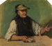 Alte Schwarzwälderin mit einem Augenschatten und Spielkarten in der rechten Hand, sitzend hinter einem Tisch - Johann Baptist Kirner — Ansicht des Kunstwerks