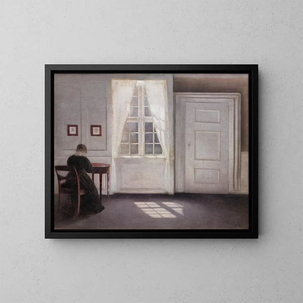 Eine Szene im Haus des Künstlers in Strandgade, Kopenhagen, mit der Frau des Künstlers - Vilhelm Hammershøi — gerahmtes Bild an der Wand