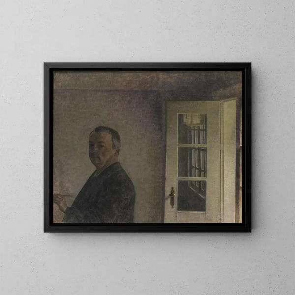 Selbstporträt im Cottage Spurveskjul in Sorgenfri, nördlich von Kopenhagen - Vilhelm Hammershøi — gerahmtes Bild an der Wand