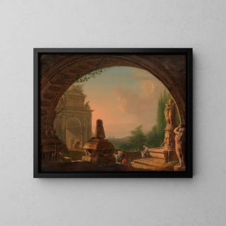 Vinzenz Fischer - Phantastische Morgenlandschaft mit Staffage durch einen Torbogen gesehen.webp