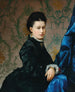 Portrait einer Dame in schwarzer Robe mit goldenen Ohrringen vor einer Blumenvorhang - Vlaho Bukovac — Ansicht des Kunstwerks