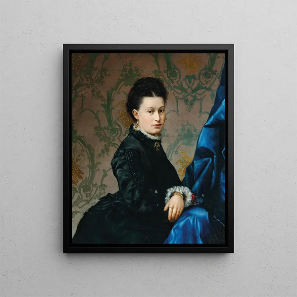 Vlaho Bukovac - Portrait of a Lady in a Black Dress with Gold Ear Pendants before a Floral Wallpaper.webp