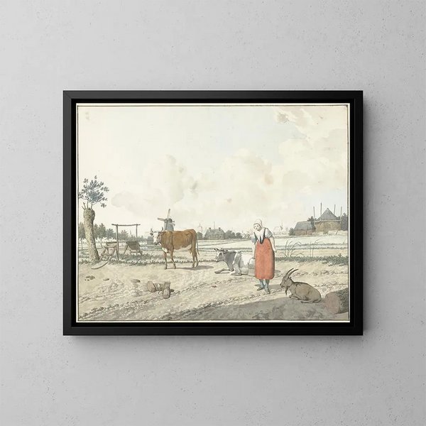 Landschaft mit Bäuerin und Vieh - W. Barthautz — gerahmtes Bild an der Wand