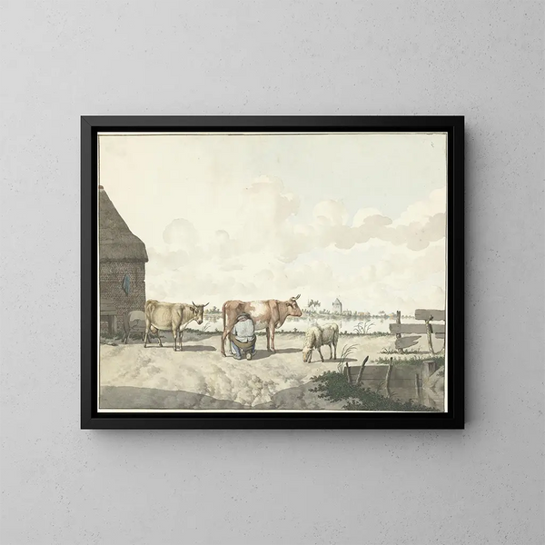 Bauern-Gemälde beim Melken - W. Barthautz — gerahmtes Bild an der Wand