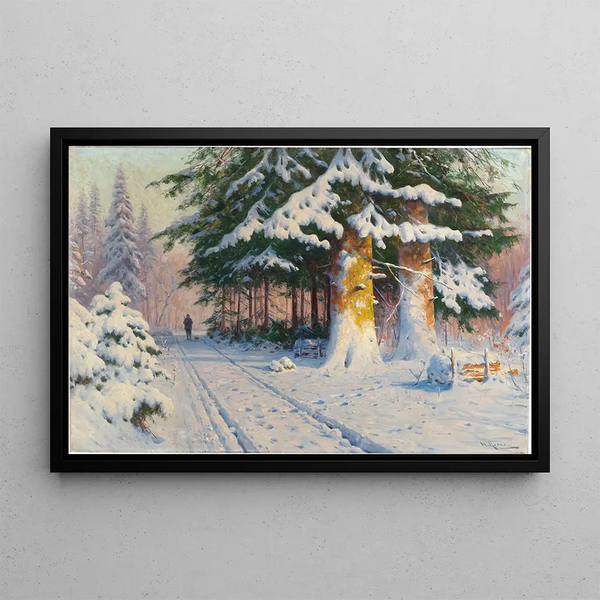 Jäger, der im Winterwald nach Hause kommt - Walter Moras — gerahmtes Bild an der Wand