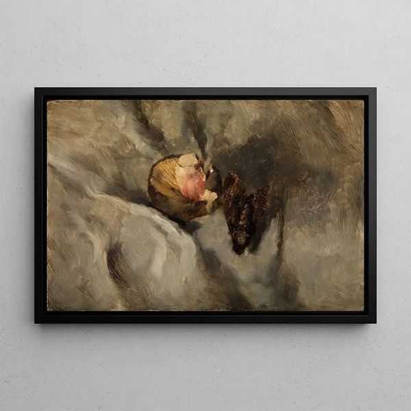 Wilhelm Leibl - Totenkopfschmetterling mit Pilz auf weiem Tuch.webp