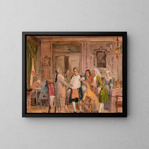 Szene der Prüfungen von Vielgeschrey, von Holberg, Akt 1, Szene 6, Skizze - Wilhelm Marstrand — gerahmtes Bild an der Wand