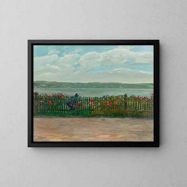 Zaun aus Rosen mit Blick auf das Schloss Berg am Starnberger See - Wilhelm Trübner — gerahmtes Bild an der Wand