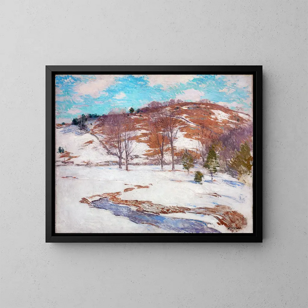 Schneefall in den Ausläufern - Willard Leroy Metcalf — gerahmtes Bild an der Wand