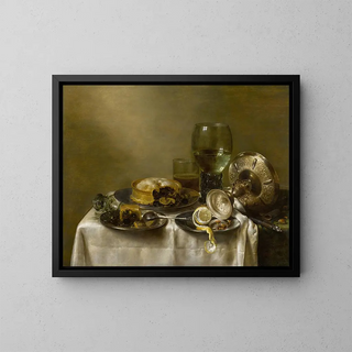 Willem Claesz Heda - A still life with an overturned silver tazza glassware pies and a peeled lemon on a table.webp